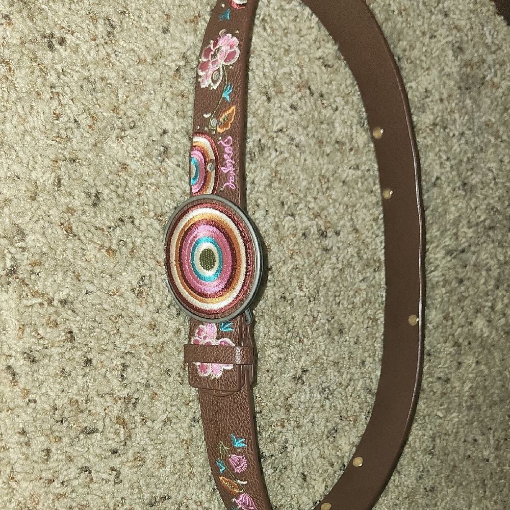 DESIGUAL Women's Brown Embroidered Leather Belt with Multicolor Medallion